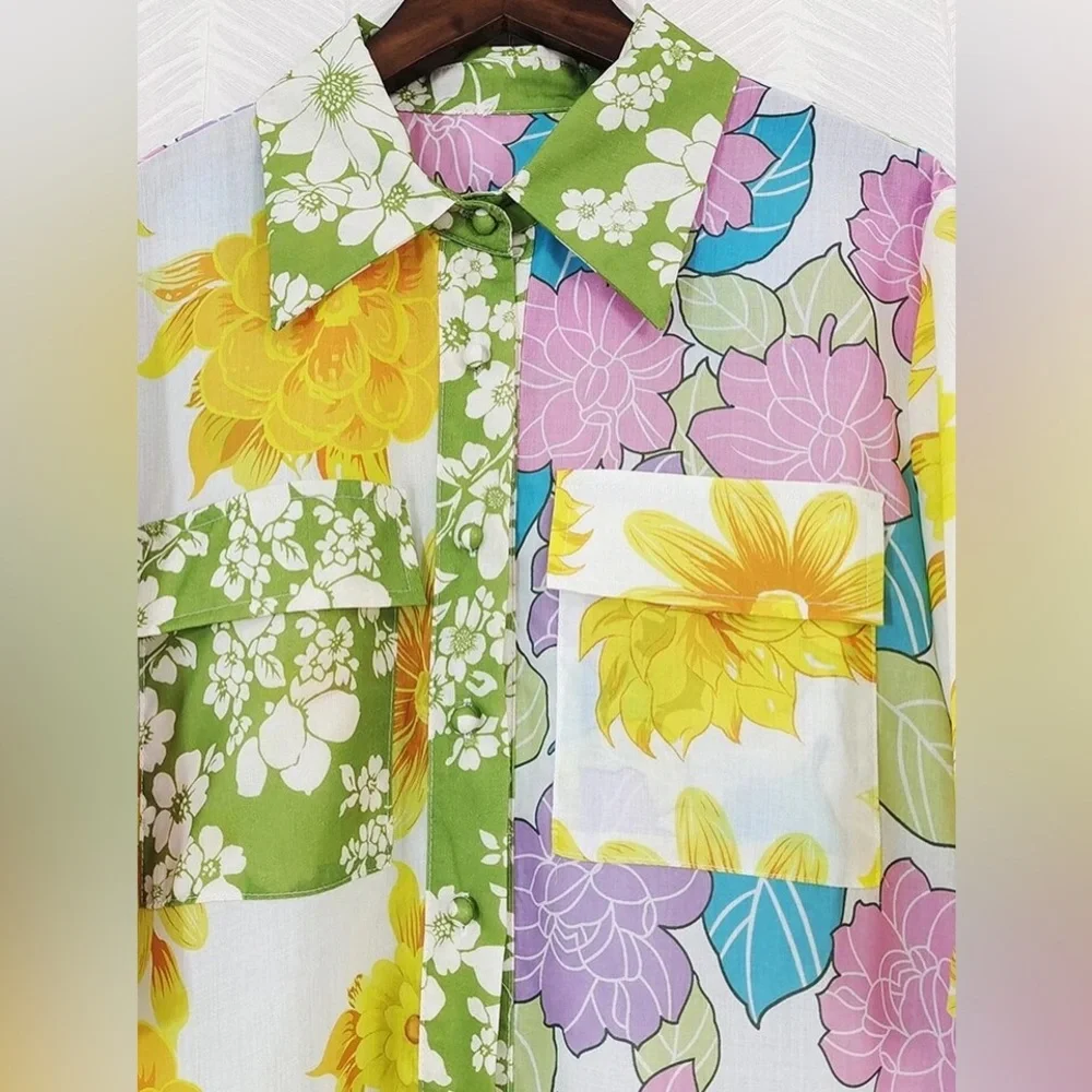 Mixed Floral Cotton Linen Luxury Print Shirtdress With Optional Tie Belt - Picture 6 of 11